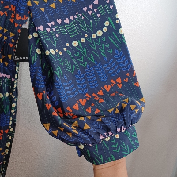 NWT Eloquii Floral Long-sleeved D-Ring Adjustable Keyhole Choker Midi Dress - Picture 15 of 16